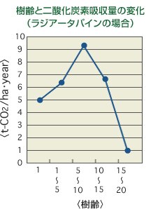 樹齢と二酸化炭素吸収量の変化（ラジアータパインの場合）