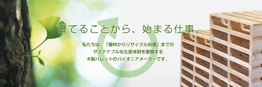 育てることから、始まる仕事。私たちは、「植林からリサイクル処理」までのサステナブルな生産体制を展開する木製パレットのパイオニアメーカーです。